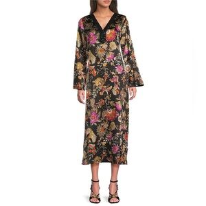 Johnny Was Judith Floral  Silk Sequin V-Neck Long Sleeve Maxi Dress Size Small